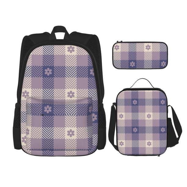 Balery Purple Floral Gingham Check Plaid Mochila Escolar 3 en 1 para Niños - Mochila Resistente con Lonchera Térmica y Estuche - Mochila Escolar para Niños y Niñas