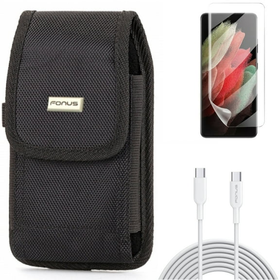 Case Belt Clip & Matte Screen Protector & 6ft Long Type-C Cable for Samsung Galaxy S21 Ultra Phone - Swivel Holster & TPU Film Anti-Glare & PD Fast Charger Cord Power Accessory Bundle