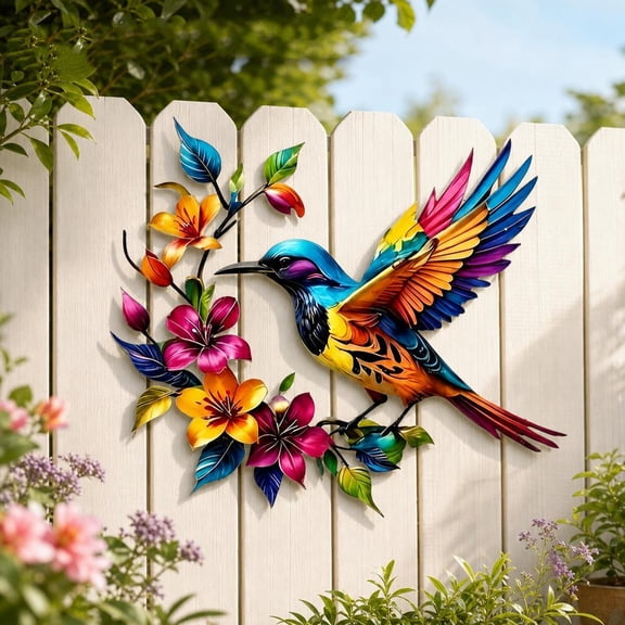 Hummingbird Bloom Metal Wall Art, Colorful Hummingbird , Handcrafted Circular Nature Rust-Resistant Iron Sculpture, Weatherproof Hanging Decor for Patio/Garden/Fence, Gift for Garden Lovers