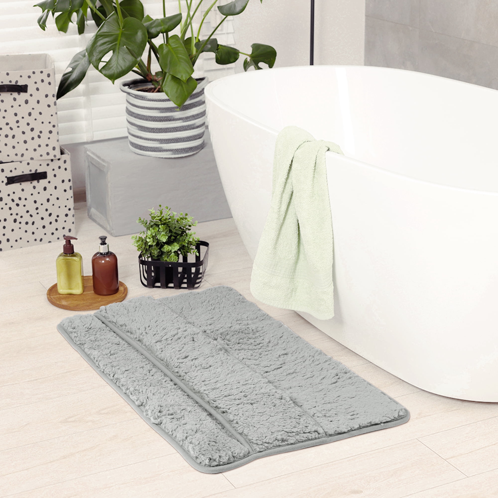 Unique Bargains Plush Shaggy Rugs Mat Absorbent Bath Rugs Grey 20" x 32"