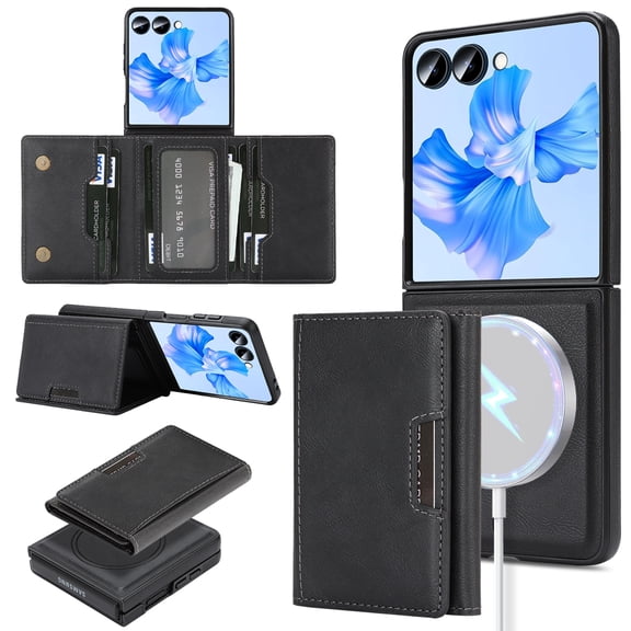 for Samsung Galaxy Z Flip 8 Wallet Case with 7 Card Slots, Detachable Magnetic Back Cover, Premium PU Leather Kickstand Drop Protective Shockproof Classic Flip Case for Galaxy Z Flip 8, Black