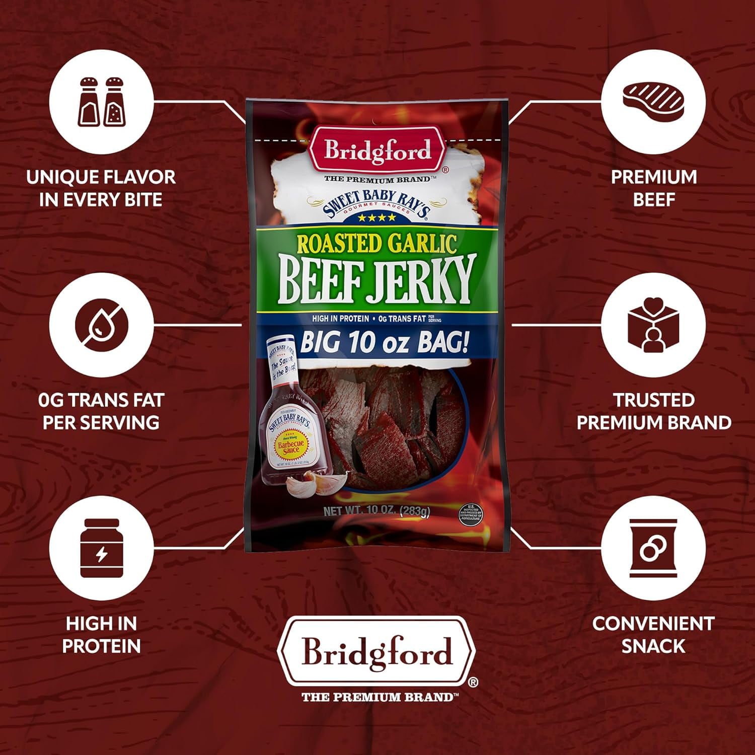 Bridgford Sweet Baby Ray’s Beef Jerky Roasted Garlic 10 oz Pack of 2