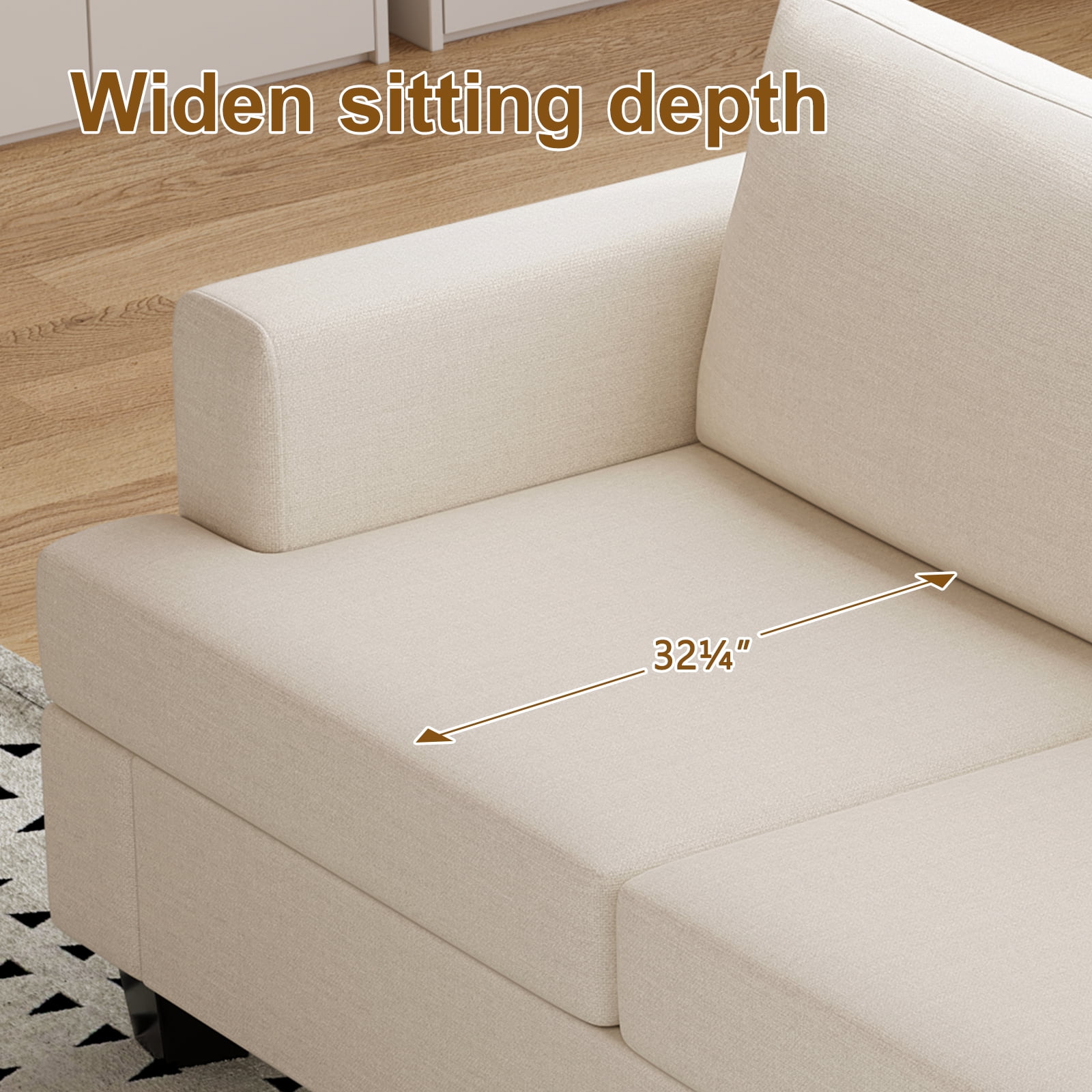 Furniliving 84.75” 3 Seater Sofa Couch, Modern Upholstered Sofa with Extra Deep Seats, Linen Fabric Sofa for Living Room Apartment Lounge, (Beige)