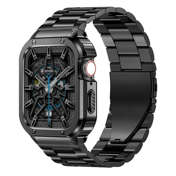 MioHHR Stainless Steel Band and Case Compatible with Apple Watch Band 45mm, Men Metal Protective Bumper Cover for iWatch Series 9/8/7, Black
