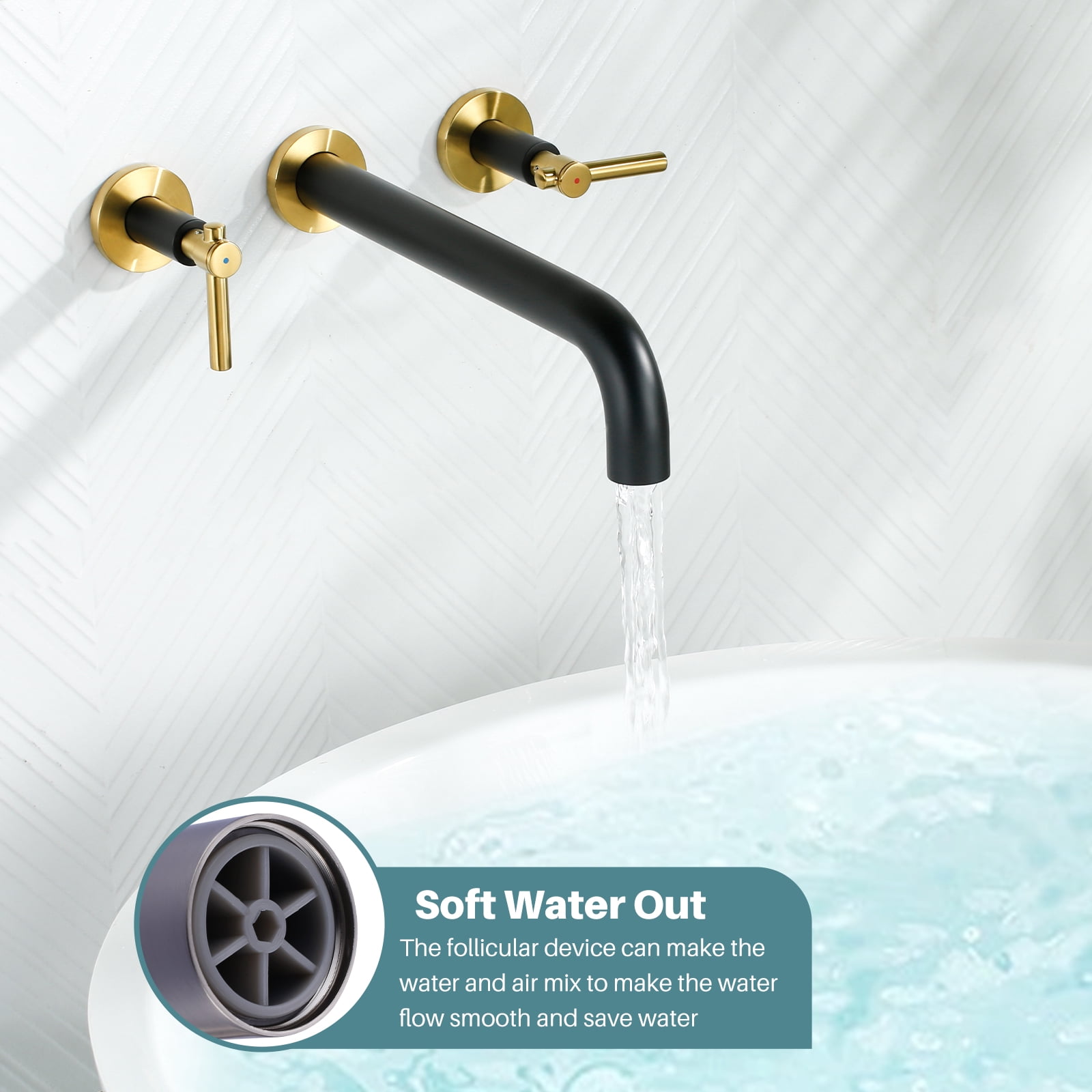 Wowow Cross Wall‑Mounted 2‑Handle Roman Tub Faucet with 12 in. Long Spout in Black and Gold, Brass Construction