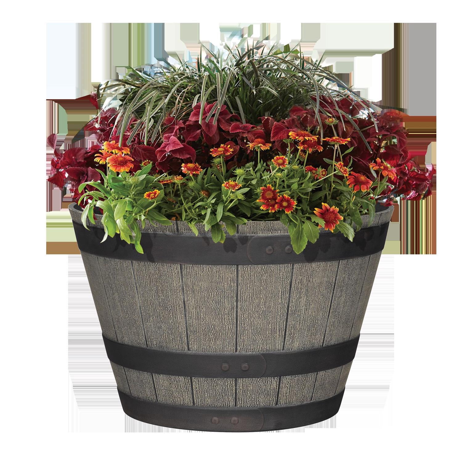 L&G 12 in. H X 19 in. W X 19 in. D X 19 in. D Polyresin Whiskey Barrel Planter Oak