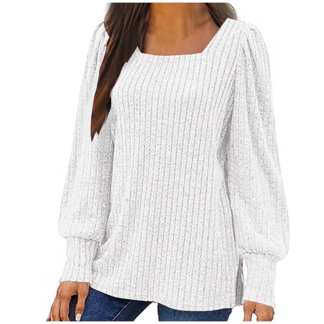 Penkiiy Hauts à Manches Longues pour Femmes Col Carré Tunique Automne Pulls TG Blanc