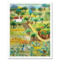 Farmhouse Field Folk Art Watercolour Painting Art Print Framed Poster Wall Decor 12x16 inch