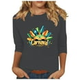 thumbnail image 2 of LEKWK Vacation Tops for Women Carnival Text Mardi Gras Shirts 3/4 Sleeve Graphic Tees Round Neck Colorful Feathers Festive Print Outfits, 2 of 5