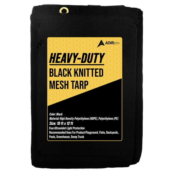 AdirPro Heavy Duty Knitted Mesh Tarp - 10x12ft Black Shade Tarp with Grommets for Playgrounds, Porch, Patio, Backyards, Pools, Greenhouse, Dump Truck, and More - 60% Shade