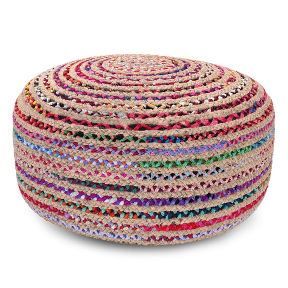 Simpli Home Margo 30 inch Wide Boho Large Round Pouf in Multi-Color Handwoven Jute and Cotton
