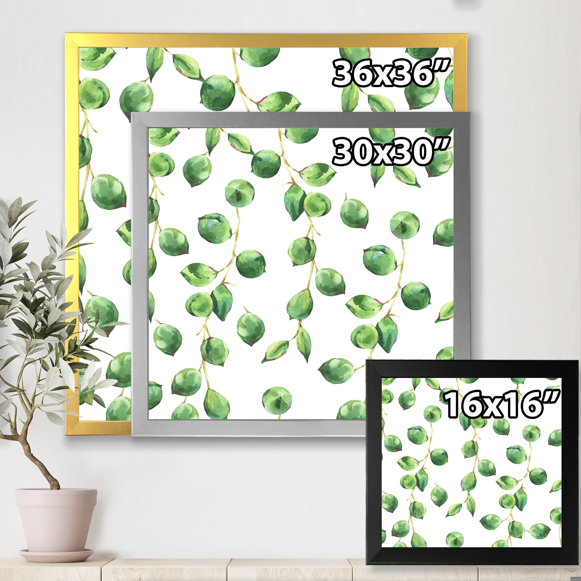 Designart 'Tropical Green Leaves Patern On White' Tropical Framed Art Print