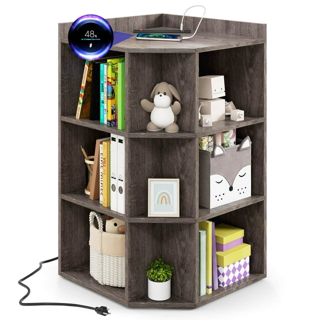 Costway 3-Tier Kids Corner Toy Storage Organizer with USB Ports and Outlets 9 Cubbies Grey