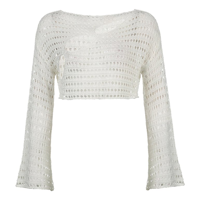 Alueeu Women Hollow Out Long Sleeve Crochet Knitted Short Sexy Transparent  Fishnet Top Shirts Women