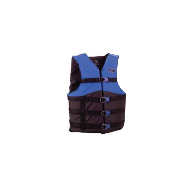chaleco salvavidas clasico coleman azul adulto aprobado us, vista frontal centrada de chaleco azul y negro para adulto con tres correas ajustables y hebillas frontales, lados abiertos y correa para la pierna según especificaciones, logo Coleman en el pecho; indicado para embarcaciones, motos acuáticas y deportes acuáticos.