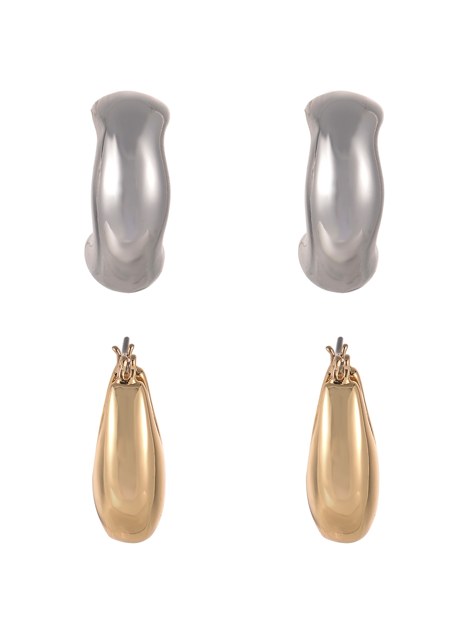 Time and Tru Goldtone and Silvertone 3-On Thick Deep Hoops and C-Hoop Earring Set