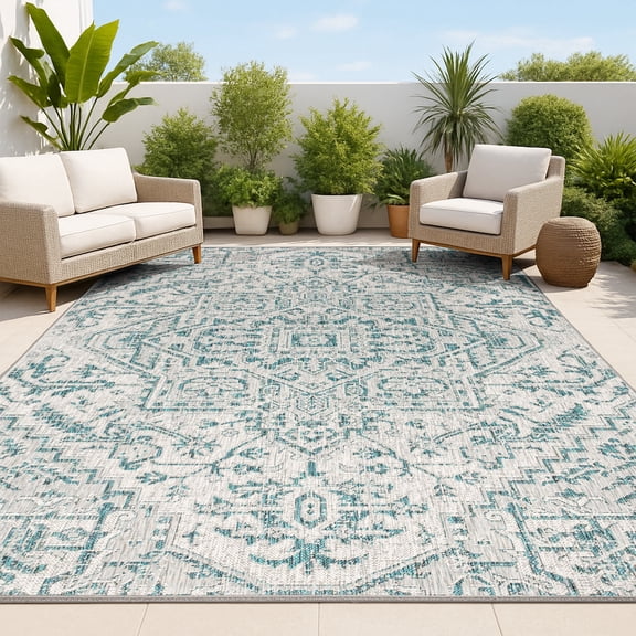 JONATHAN Y SANTA MONICA 8 x 10 Area Rug, Estrella Bohemian Medallion Textured Weave - Teal/Gray, SMB105C-8