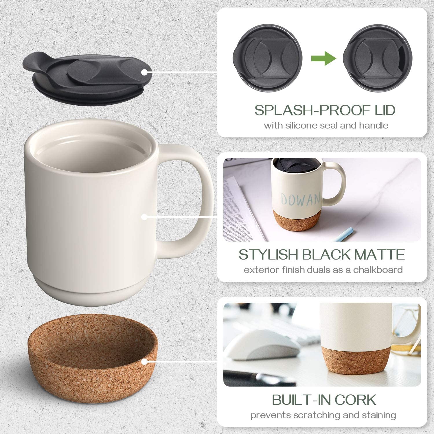 DOWAN Coffee Mugs Set of 2, 15 OZ Ceramic Mug with Insulated Cork Bottom and Splash Proof Lid, Large Coffee Mug with Handle for Men, Women, Beige - image 5 of 7