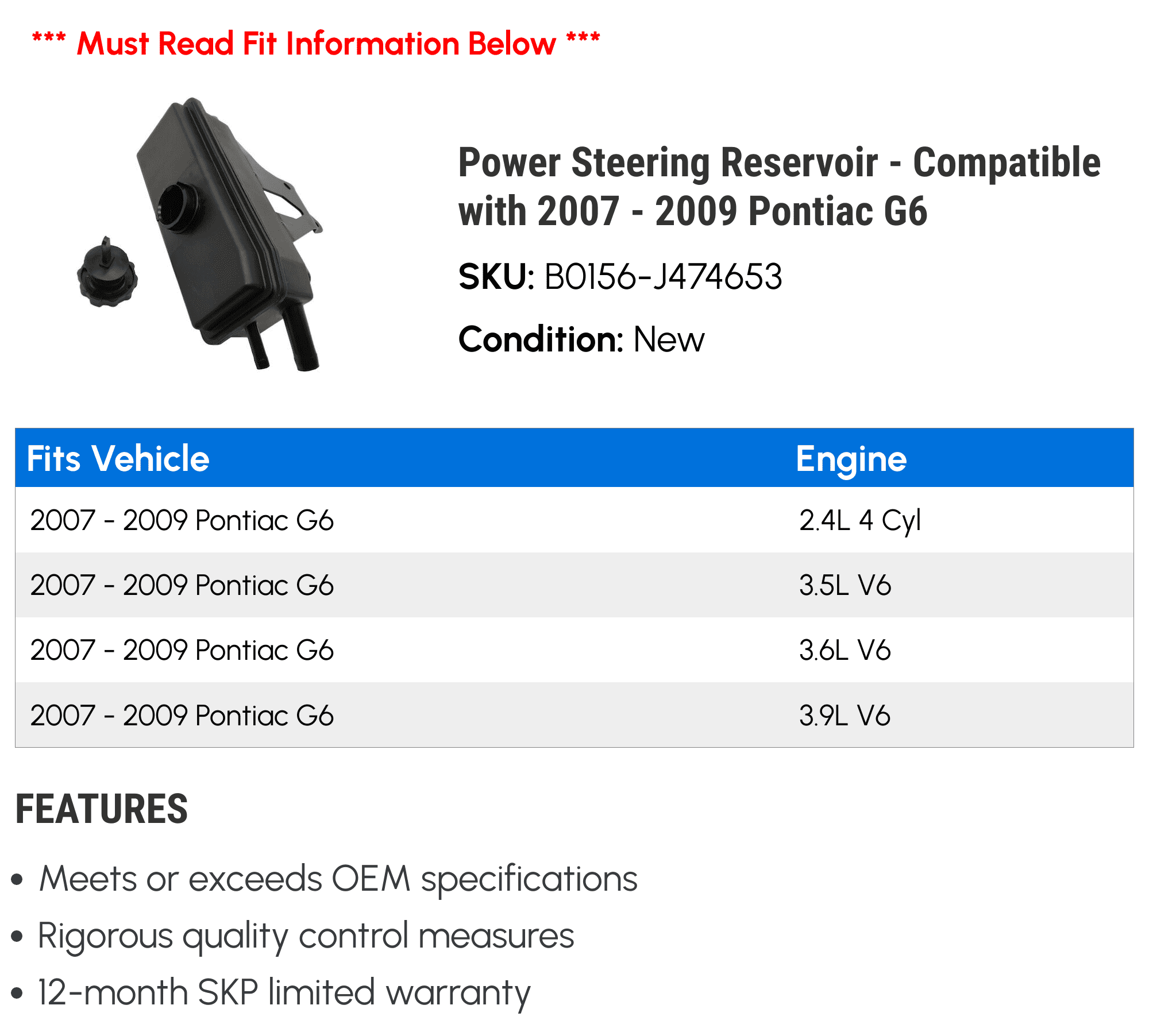 Power Steering Reservoir - Compatible with 2007 - 2009 Pontiac G6 2008