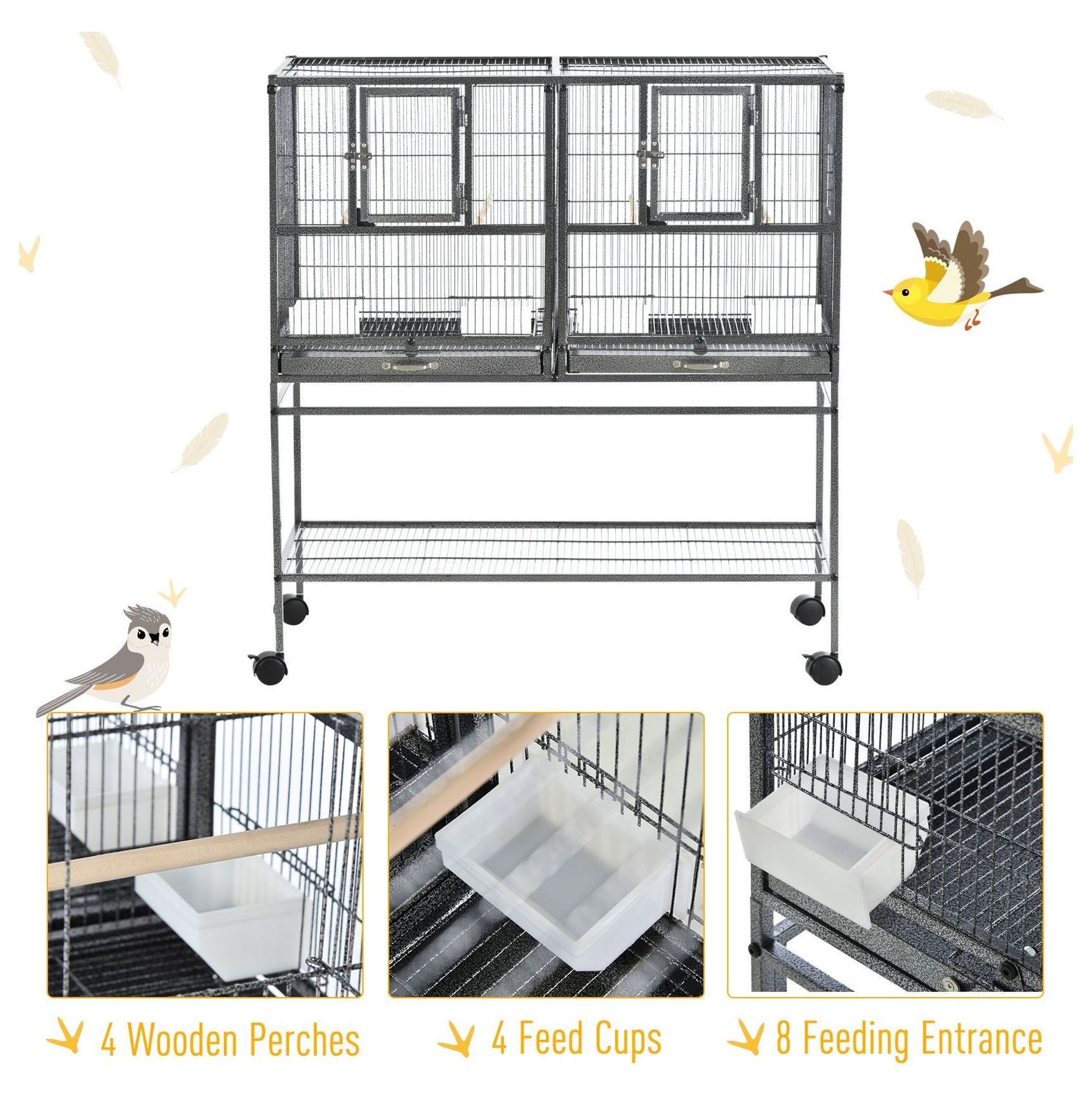 Large Bird Cage Double Rolling Metal 40.25" H w/Storage Shelf & Perches - Black/Gray