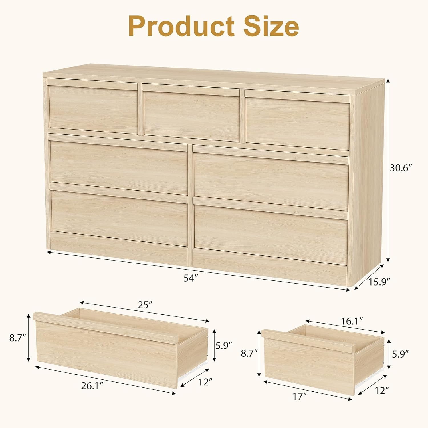 7 Drawer Dresser for Bedroom, 54in Wide Natural Oak 8 Chest of Drawers with Large Storage, Wooden Dresser Organizer for Living Room, Entryway, Nursery