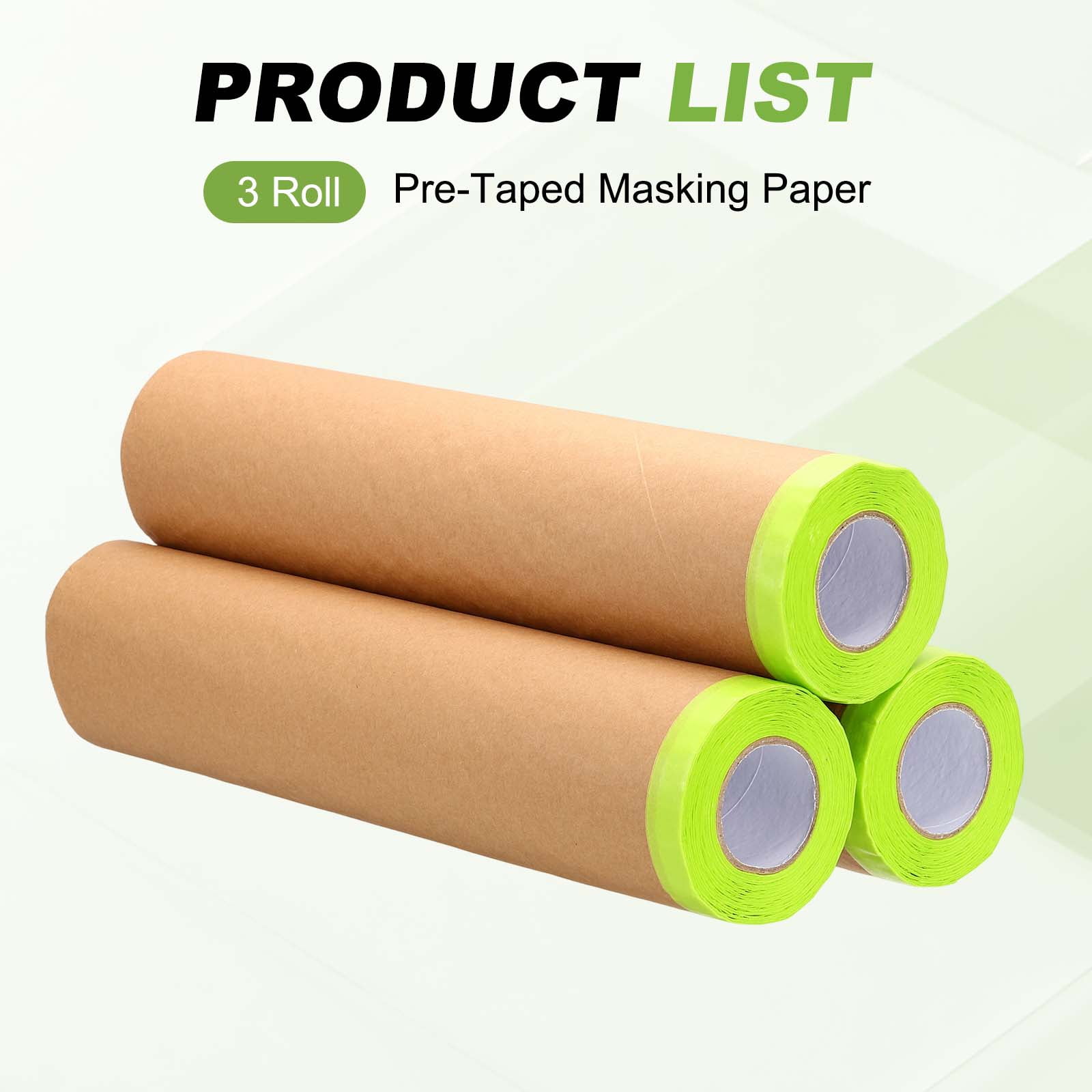 Uxcell 3pcs Pre-Taped Masking Paper, 24" x 49 ft Paint Adhesive Protective Paper Painter Tape and Drape for Masking Auto Body Covering Wall Skirting Frames, Green