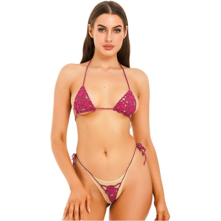 Zaldita Womens Handmade Micro Bikini Set Crochet G Thong String Hollow Out Lingerie Sets Bathing Swimsuit Red M