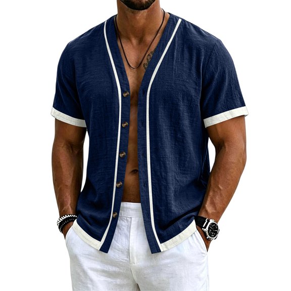 Sewkxo Men's Linen Shirts Short Sleeve Casual Shirts Button Down Shirt for Men Beach Summer Shirt,Navy L