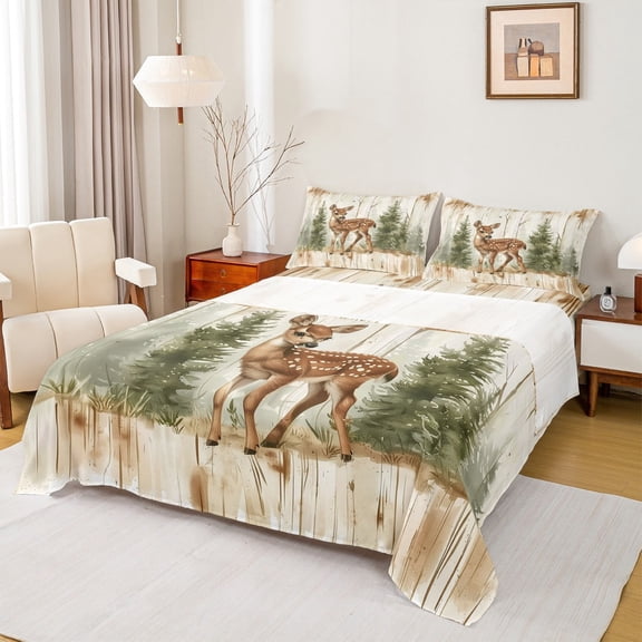 Manfei Cartoon Deer Twin Sheet Sets for Girls Boys, Watercolor Jungle Wildlife Twin Fitted Sheet, Green Pine Tree Flat Sheet, Luxury Bedroom Decor 3-Piece