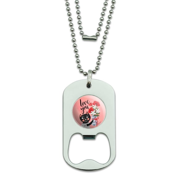 Love You Cat Flowers Military Dog Tag Bottle Opener Pendant