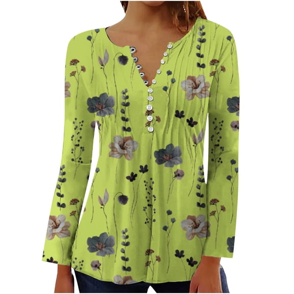 Edvintorg Casual Loose Tunic Tops Blouses For Women Clearance Fall Fashion Sexy Fold Printed V Neck Long Sleeve Button Up Shirts