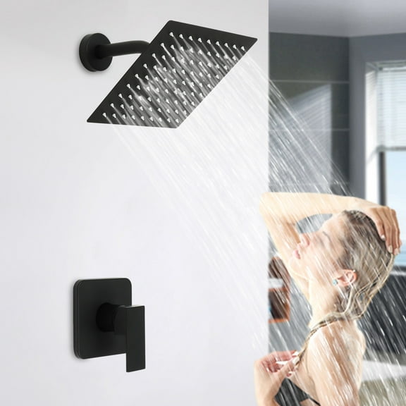 Shower Faucet Set with Valve Bathroom 8" Rain Shower Head Combo Wall-Mount Black