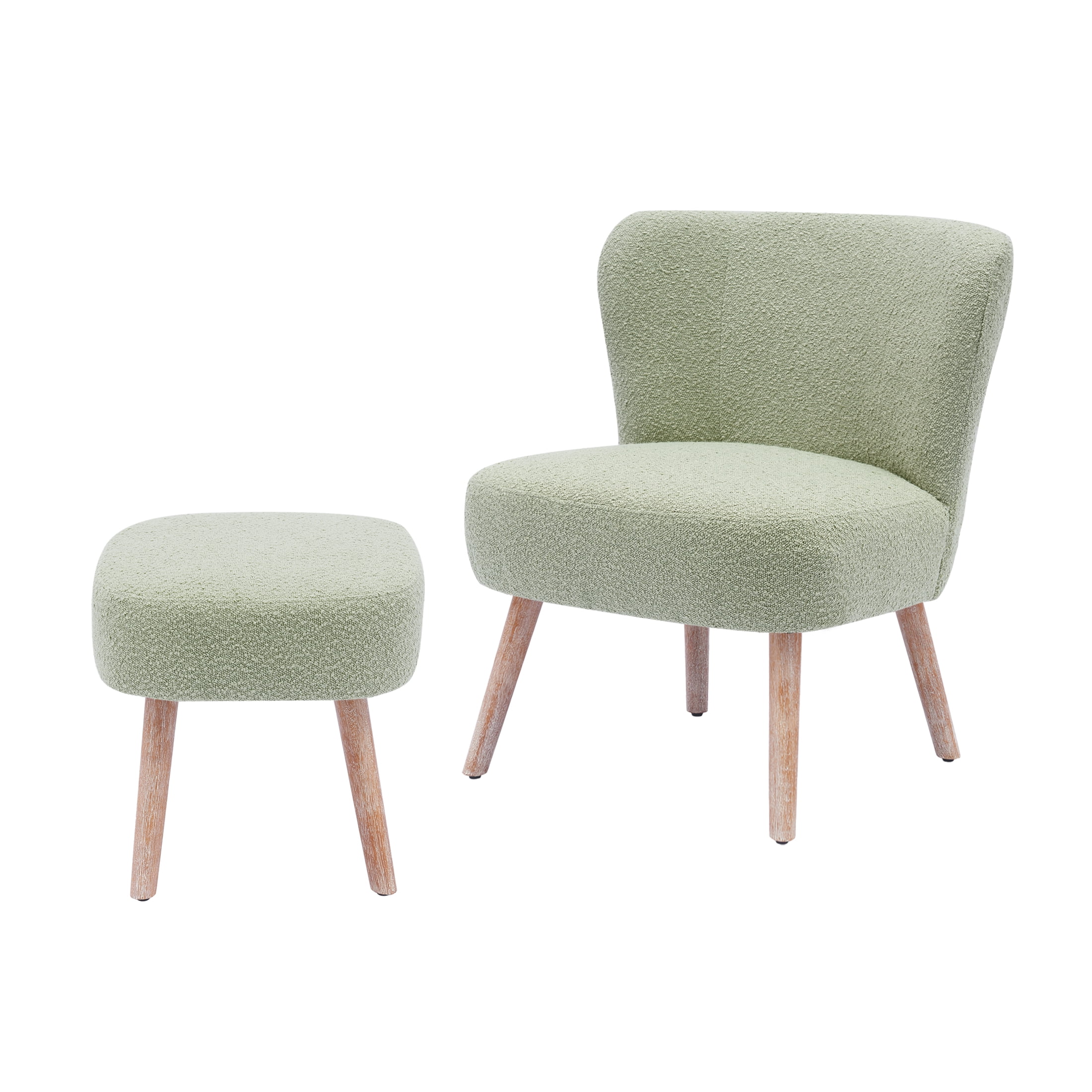 Modern 2PC Set Wide Wingback Accent Chair in Water and Stain Resistant Boucle Upholstered Fabric and Ottoman, Desert Sage
