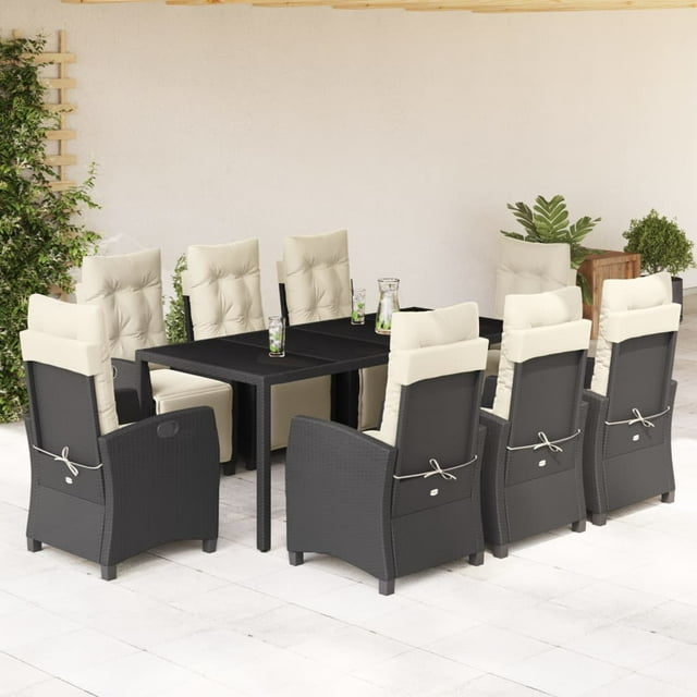vidaXL 9 Piece Garden Dining Set with Cushions Black Poly Rattan