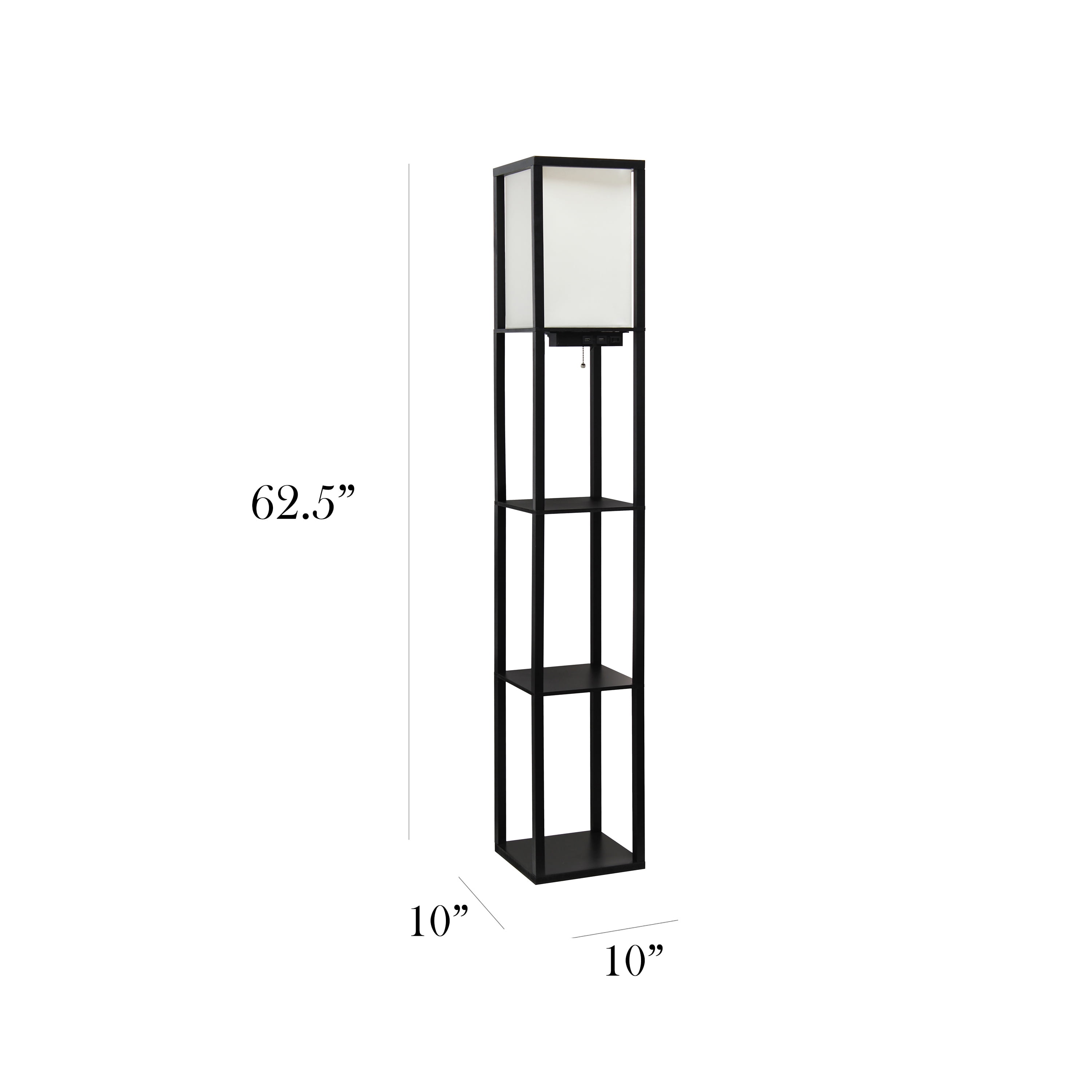 Simple Designs 62.5" 3-Shelf Etagere Floor Lamp with USB, Outlet & LED Bulb, Black