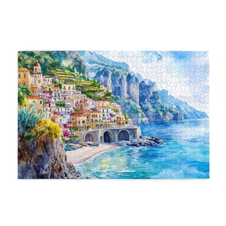 1000 PCS Seaside town jigsaw puzzles 1000 pieces Stress relieving pleasure Brain Challenge Take you into a seaside town Gift for Landscape Enthusiasts Classic scenery Wooden Puzzle Stunning Artwork