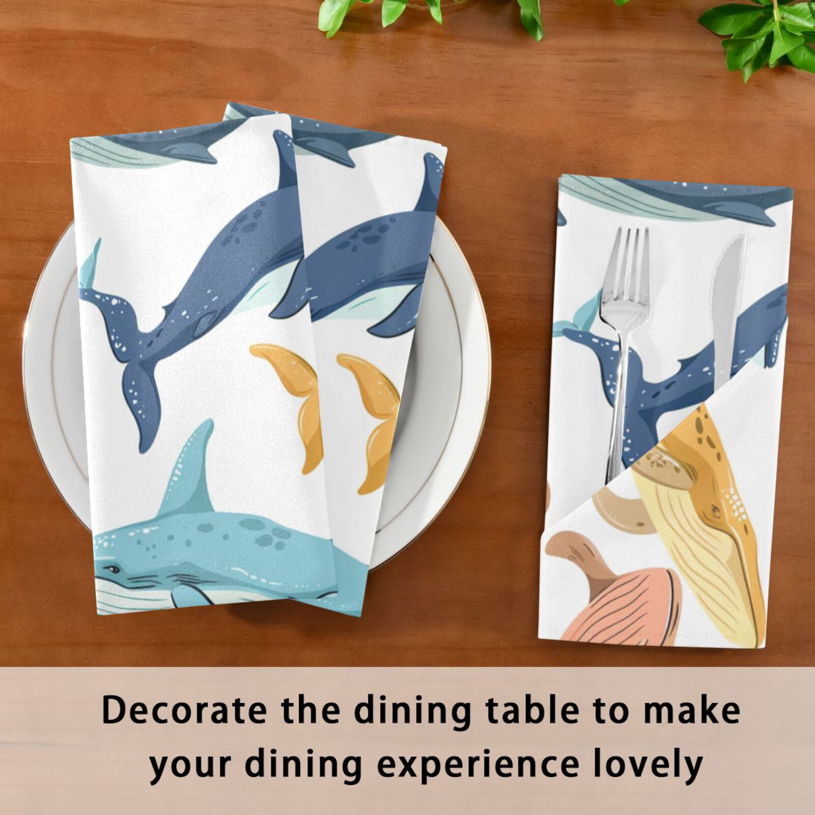 JSTEL Colorful Whales Cloth Napkins Set of 6, 20x20 Inch Washable and Reusable Napkin for Decoupage Dinner Party Everyday Use