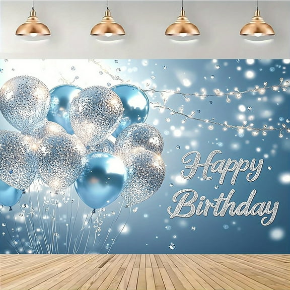 Blue Happy Birthday Backdrop Blue Silver Balloons Birthday Photography Background Sparkling Sweet 16th 18th 21st Birthday Party Decorations Banner Supplies Photo Booth Props