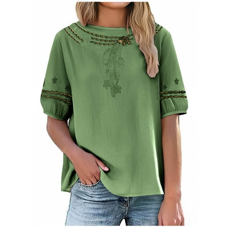 Summer Plus Size Tops For Women Solid Color Causal Loose Short Sleeve Crew Neck Linen Pullover Blouse T-Shirt Summer Fashion Women Shirts Under $10 Green M