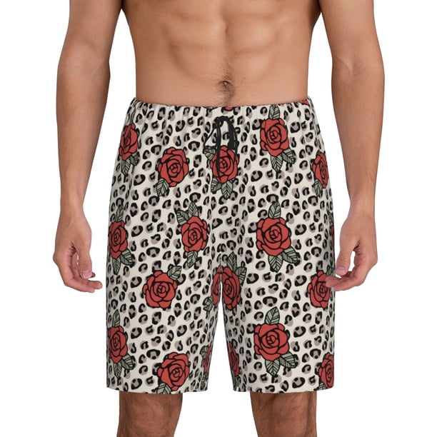 Fotbe Leopard Print Rose Pantalones Cortos de Pijama para Hombre, Ropa de Dormir, Pantalones de Pijama Cortos para Hombre-4X-Large