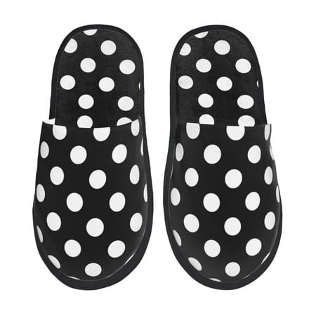 Balery Black and White Polka Dot Slient Indoor Furry Fleece Comfort House Shoes Soft Non-Slip Home Shoes Cotton slippers House Slippers-- Large