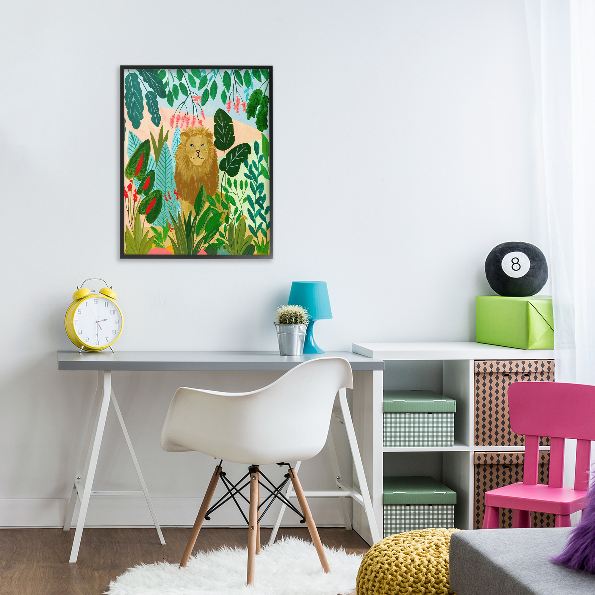 Stoic Lion Tropical Forest Black Framed Giclee Art, design by Nabeela Rumi