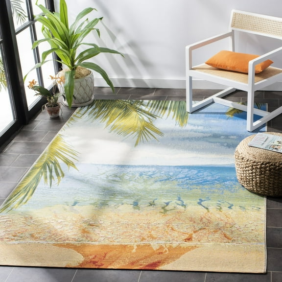 SAFAVIEH Barbados Beach Waves Outdoor Area Rug, 6'6" x 9'4", Gold/Blue