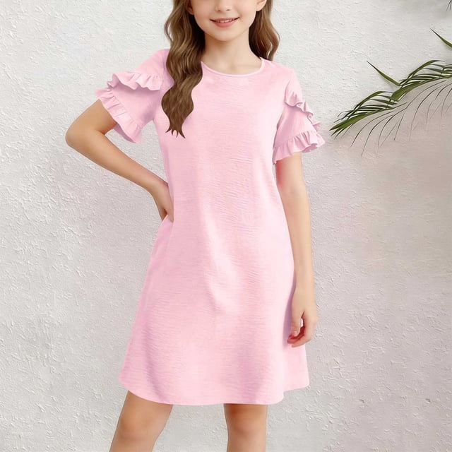 EGNMCR Robe Unie à Manches Courtes et Col Rond pour Enfants, Jupe Décontractée Confortable pour Filles, Polyester