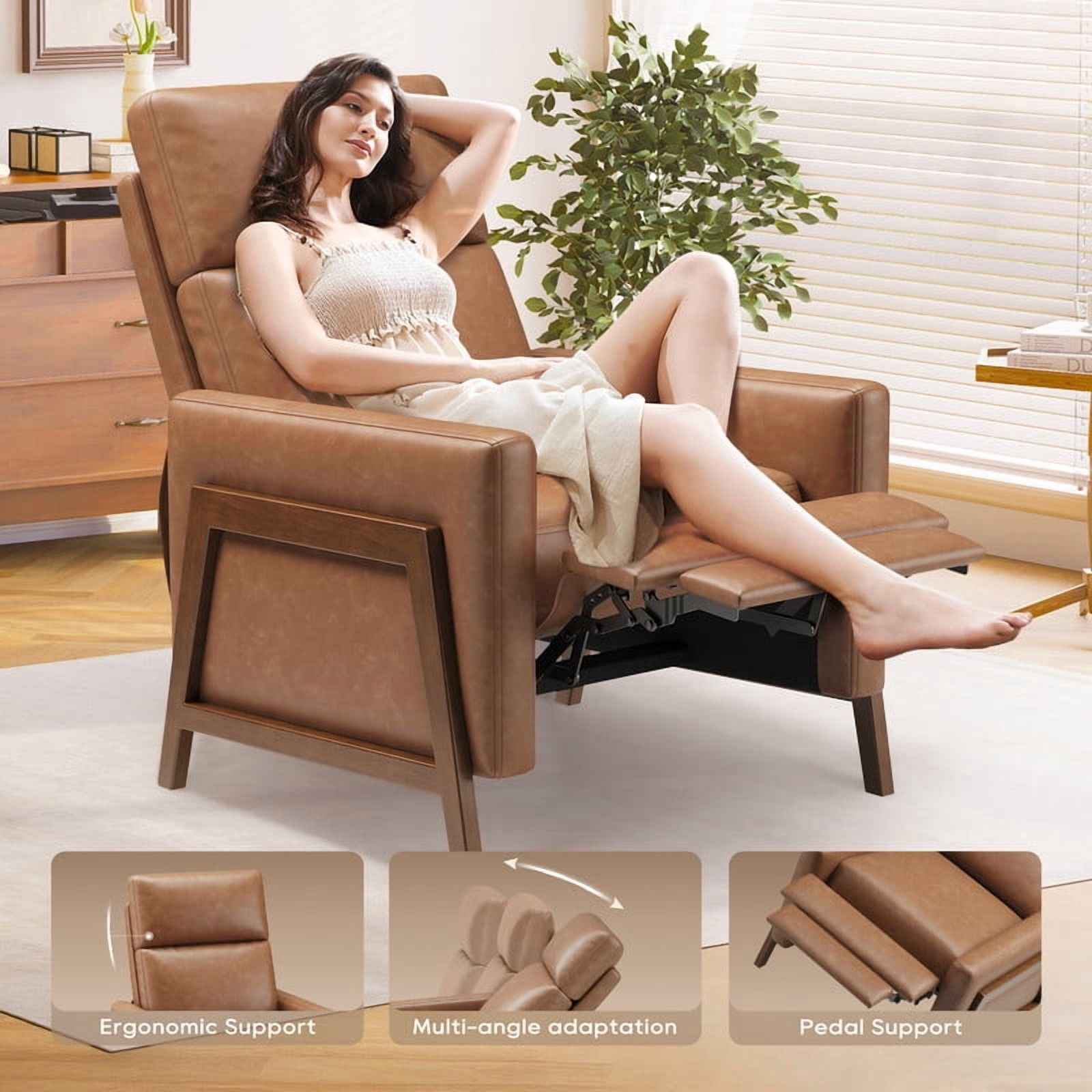 COLAMY Push Back Recliner Chair, Cocoa Manual Leather Recliner Accent Chair, Modern High Back Armchair with Padded Headrest and Solid Wood Frame for Bedroom, Nursery Chair