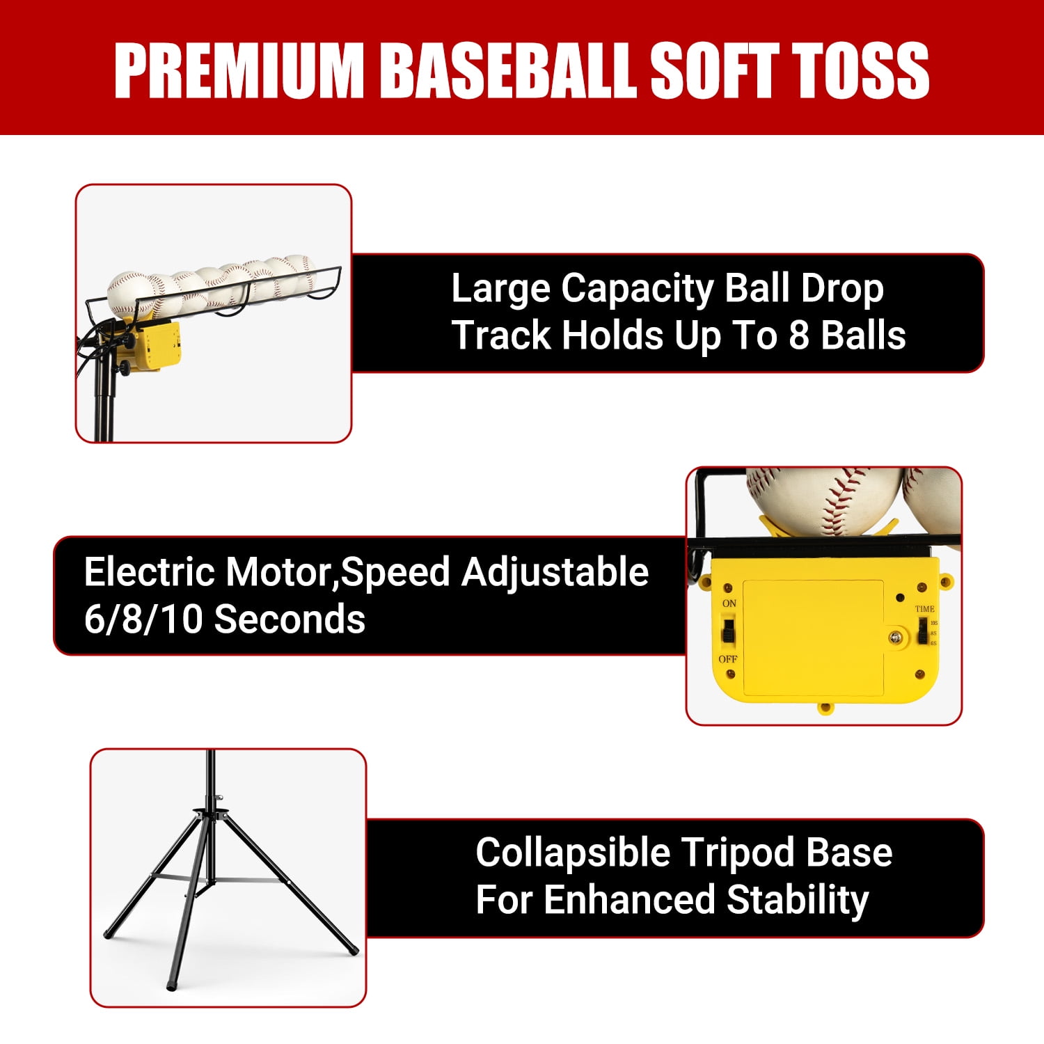Electric Soft Toss Machine: Height adjustable from 52 to 79 inches with 8-ball auto feed and 3-speed timer (6/8/10 sec). Portable and ideal for baseball and softball swing training.