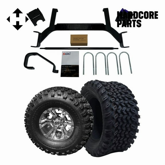 Hardcore Parts 6" Drop Axle Lift Kit for EZGO TXT/PDS (2001.5-2008) Gas Golf Cart with 10" Machined/Gunmetal 'Vampire' Wheels and 22"x11"-10" DOT rated All-Terrain tires