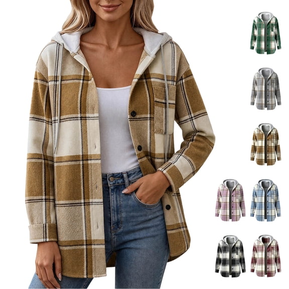 Jovrlynd Womens Flannel Plaid Hooded Shacket Jacket Button Down Long Sleeve Fall Trendy Coats with Pockets, S-2XL