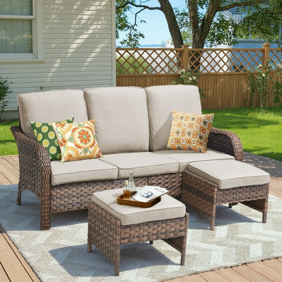 Unnifurnzi Patio Couch Set-All Weather Wicker Outdoor Couch with Outdoor Ottoman High Back Outdoor Sofa Set for Porch Balcony Deck-Brown/Beige