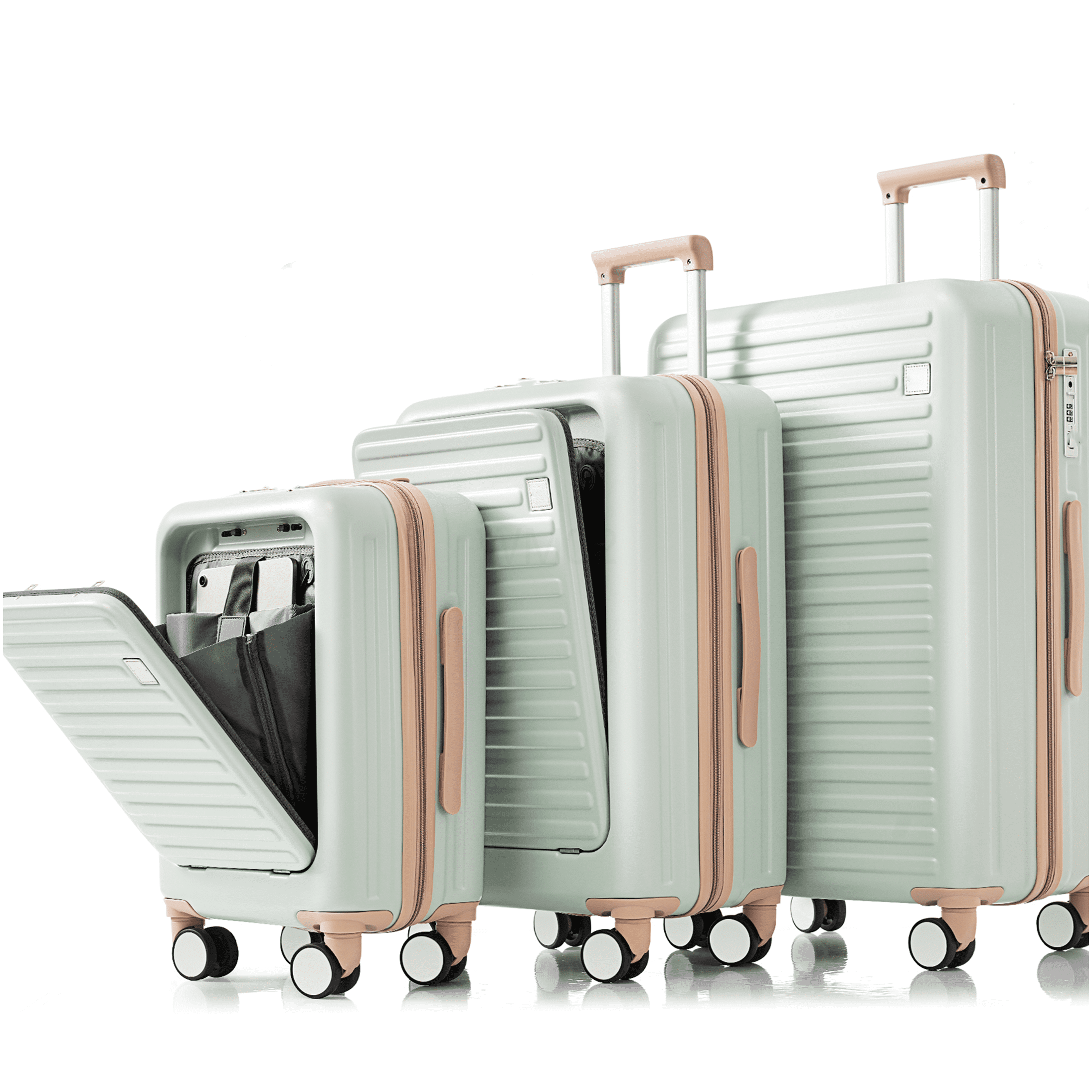 3-Piece ABS Hard Shell Luggage Set with USB Ports, Front Opening Suitcases, 360° Spinner Wheels & Cup Holder, Gray
